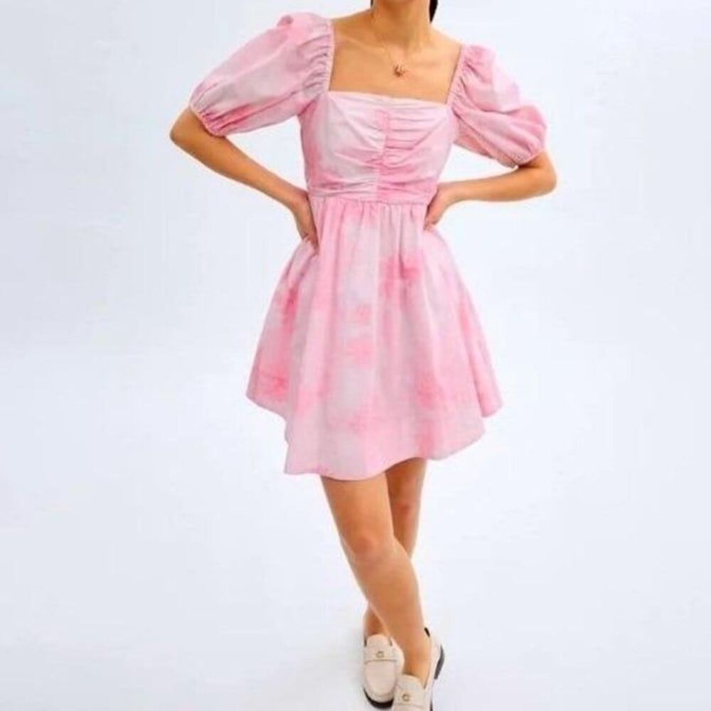 COACH Pink Floral Puff Sleeve Square Neck Mini Dress XS NWT $395